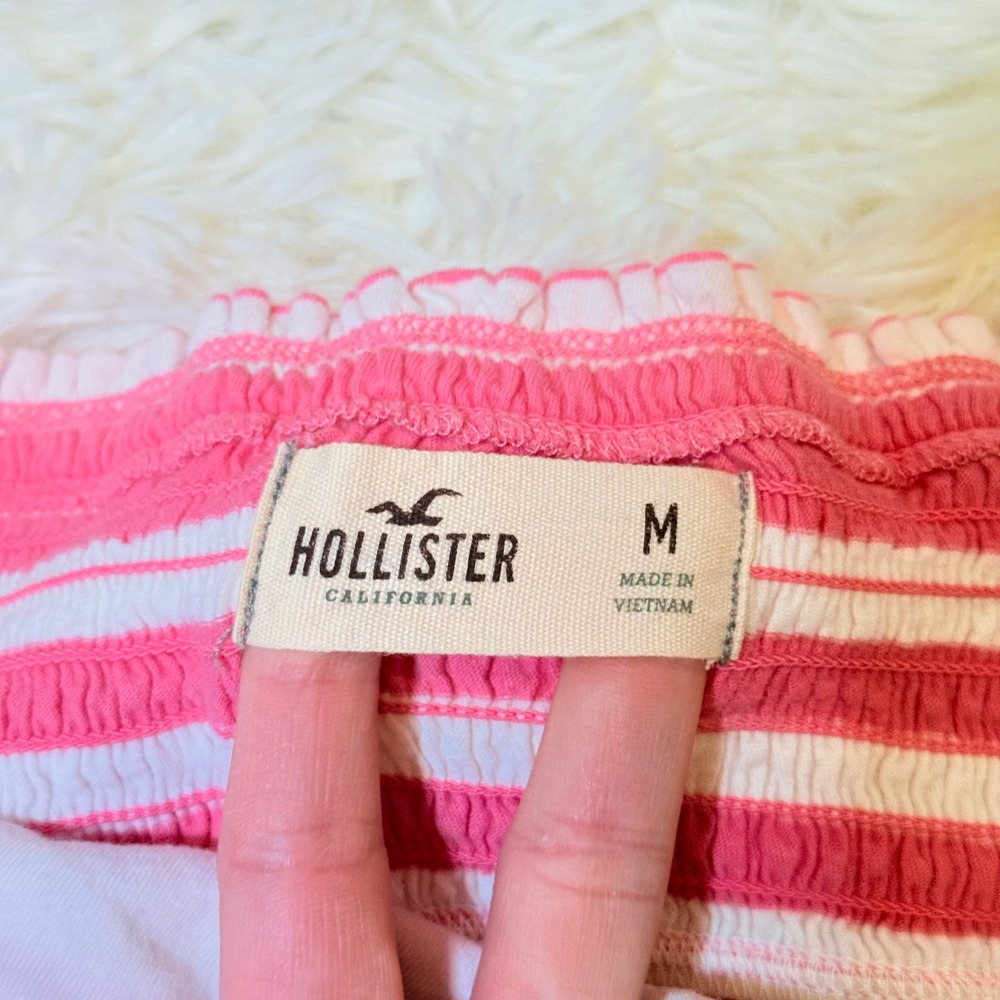 Hollister Pink White Striped Strapless Tube Top Smocked Ruffle Y2K Medium - Picture 2 of 7